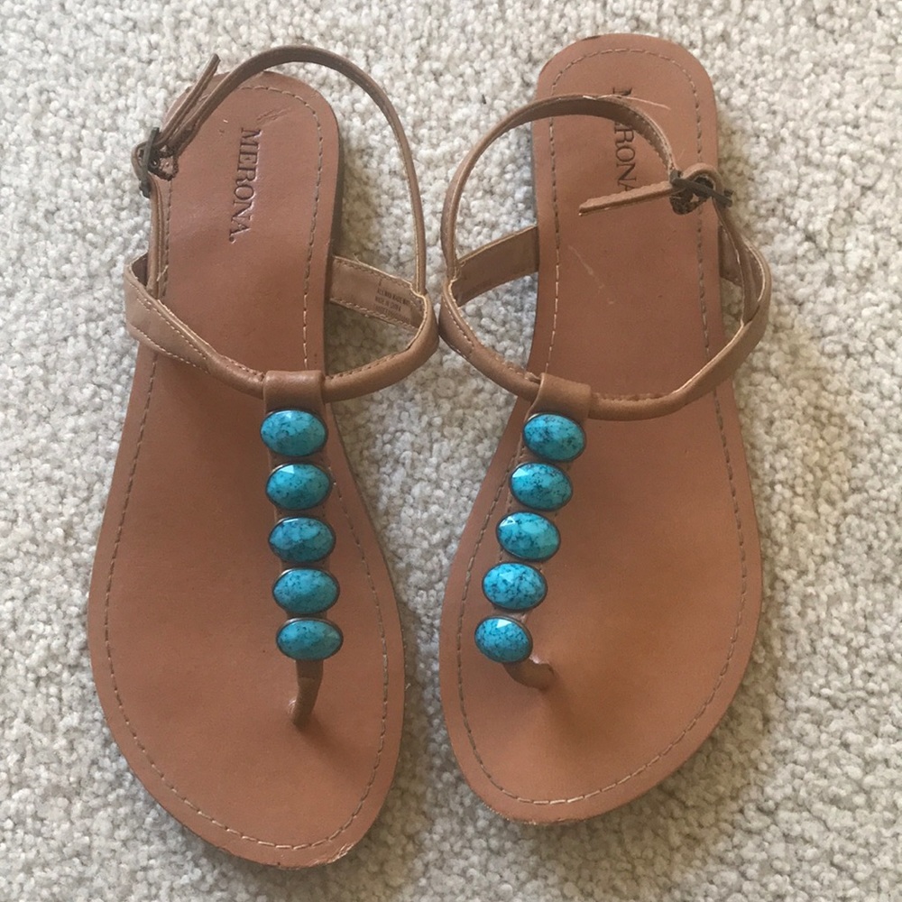 Merona brown sandals with teal jewel detail
